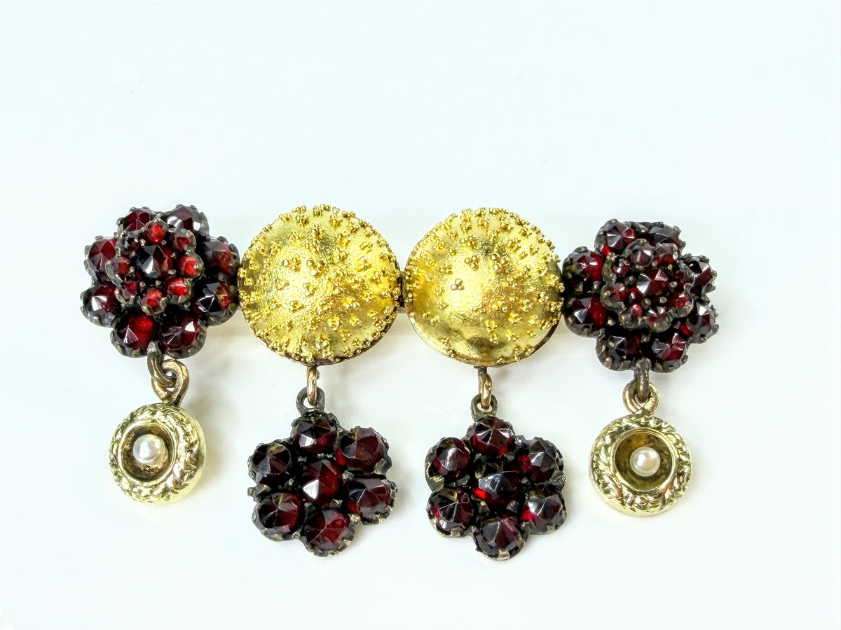 Antique Victorian 14K Gold Sterling Garnet Cluster Pearl Dangle Brooch JR2187