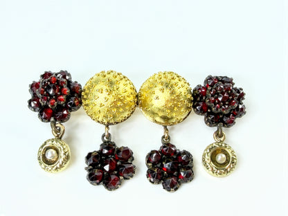 Antique Victorian 14K Gold Sterling Garnet Cluster Pearl Dangle Brooch JR2187