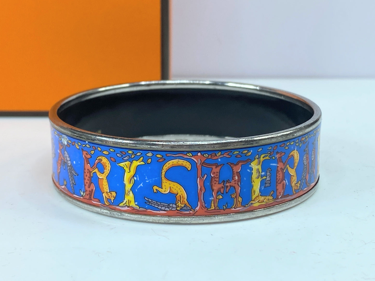 Hermès Enamel Alphabet Animaux 18.5mm Wide Bangle 7.0", no box GS582