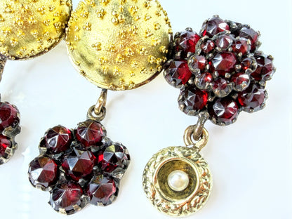 Antique Victorian 14K Gold Sterling Garnet Cluster Pearl Dangle Brooch JR2187