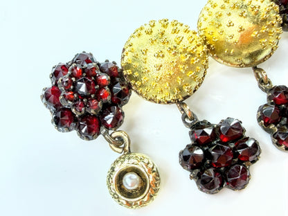 Antique Victorian 14K Gold Sterling Garnet Cluster Pearl Dangle Brooch JR2187