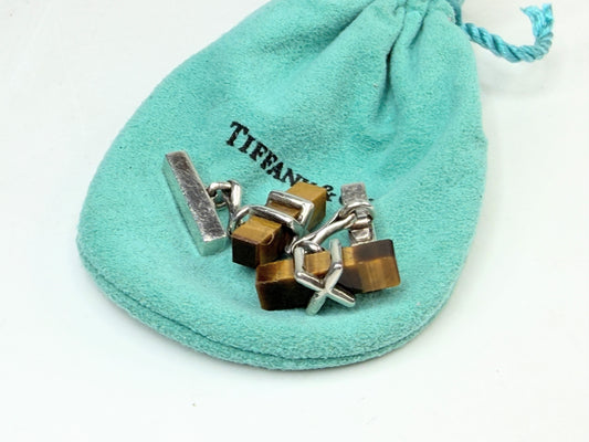 Vintage Tiffany & Co Sterling Silver Tiger Eye Bar Cufflinks 13g SS223