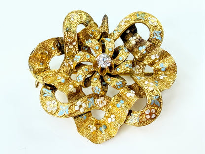 Antique Edwardian 15K Gold Blue White Enamel Old Euro Diamond Brooch 5.4g JR2188