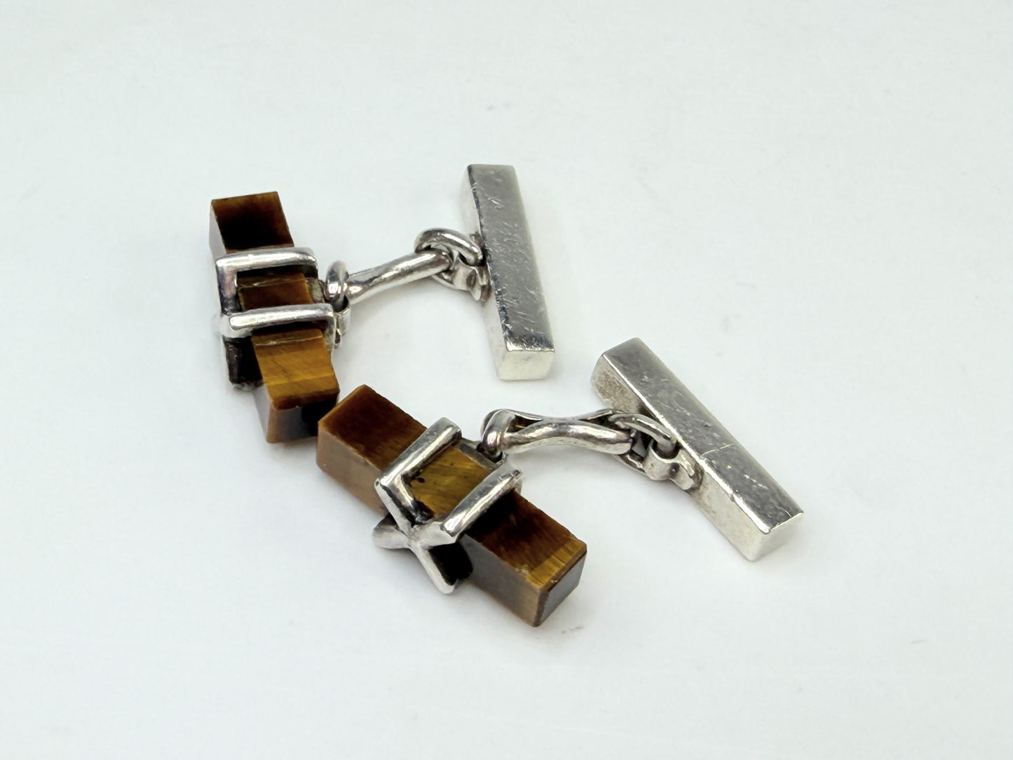 Vintage Tiffany & Co Sterling Silver Tiger Eye Bar Cufflinks 13g SS223
