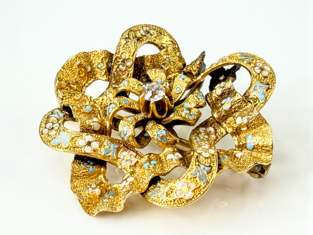 Antique Edwardian 15K Gold Blue White Enamel Old Euro Diamond Brooch 5.4g JR2188