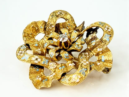 Antique Edwardian 15K Gold Blue White Enamel Old Euro Diamond Brooch 5.4g JR2188