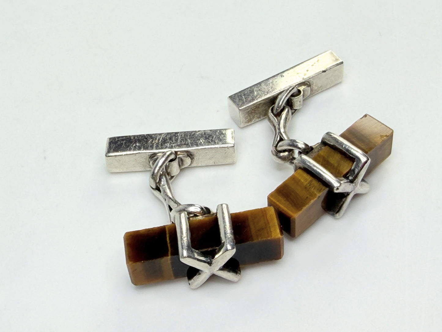 Vintage Tiffany & Co Sterling Silver Tiger Eye Bar Cufflinks 13g SS223