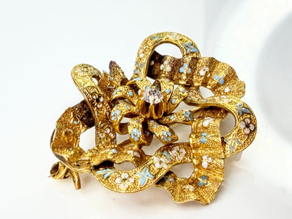 Antique Edwardian 15K Gold Blue White Enamel Old Euro Diamond Brooch 5.4g JR2188