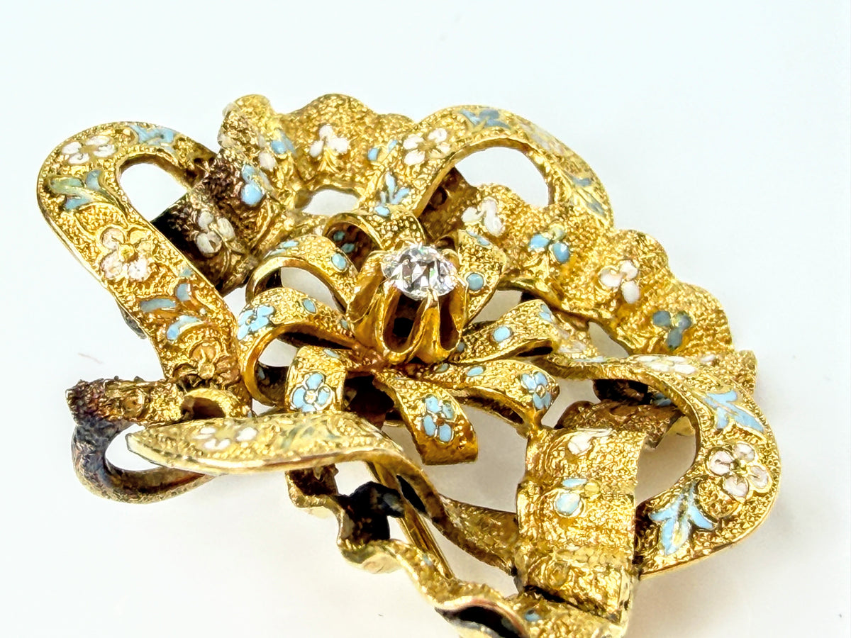 Antique Edwardian 15K Gold Blue White Enamel Old Euro Diamond Brooch 5.4g JR2188