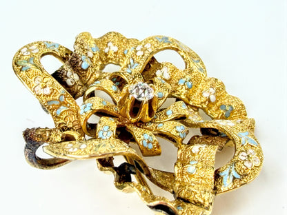 Antique Edwardian 15K Gold Blue White Enamel Old Euro Diamond Brooch 5.4g JR2188