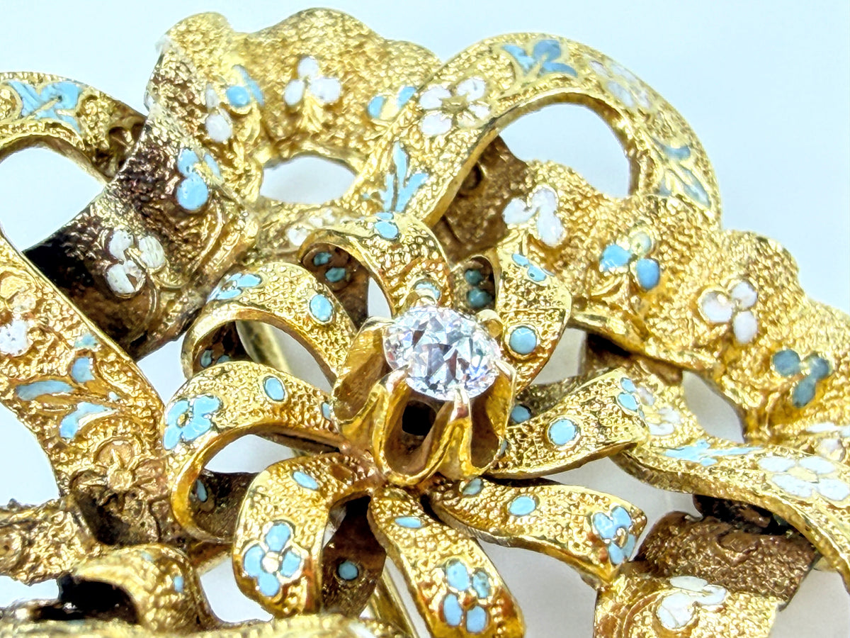 Antique Edwardian 15K Gold Blue White Enamel Old Euro Diamond Brooch 5.4g JR2188