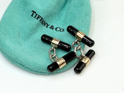 Vintage Tiffany & Co 18K Gold Sterling Onyx Bar Cufflinks SS224