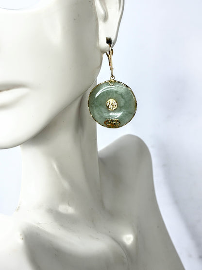 14K Yellow Gold Jade Bi Disc Fu Blessing Butterfly Dangle Earrings 7.1g JR2189