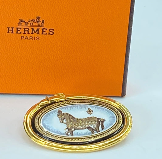 Hermès Imprime Cheval grand Apparat gold Plated Enamel Cloisonne Brooch GS228