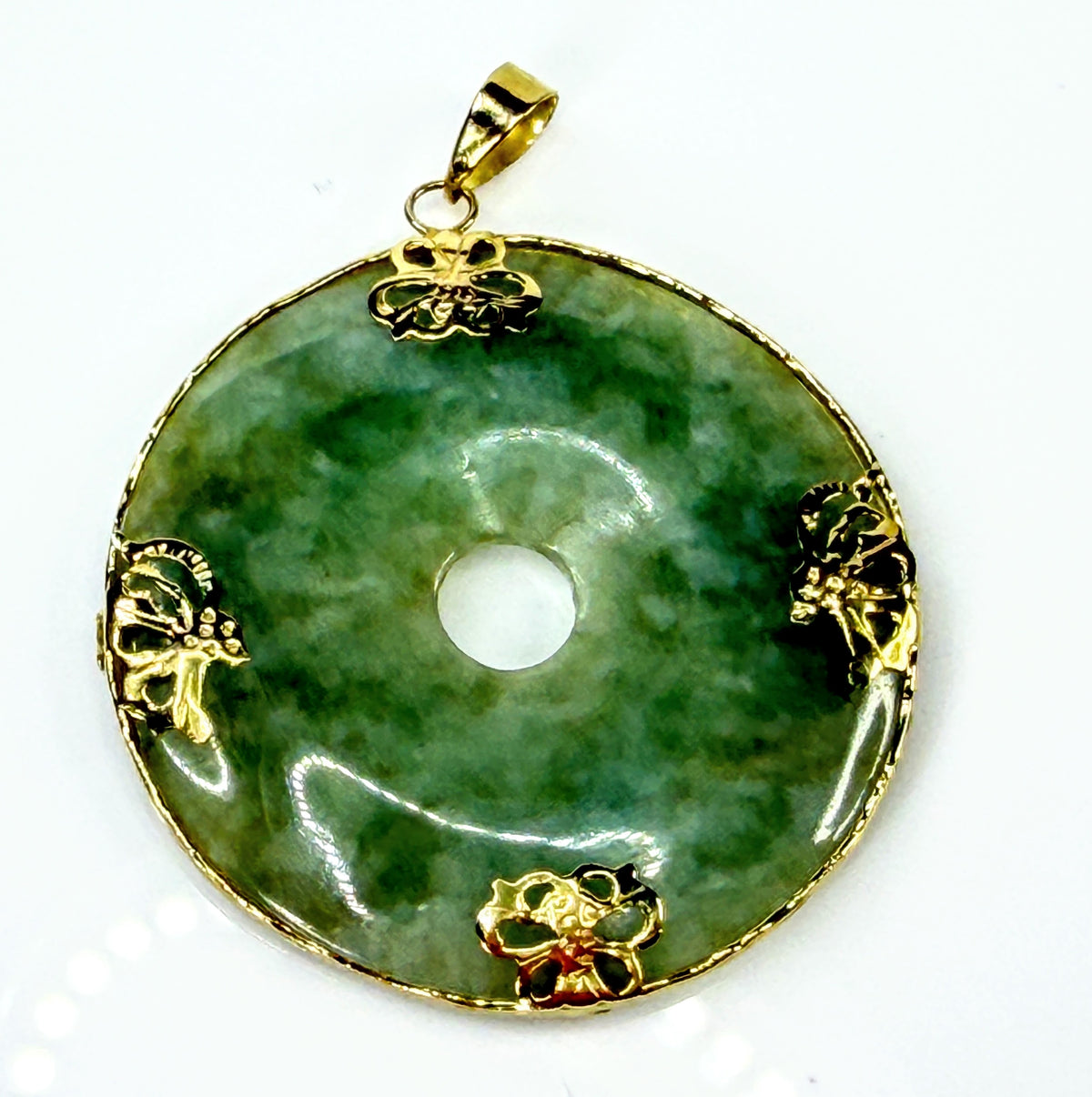 14K Gold Jade Large Bi Disc Butterfly Floral Large Pendant 1.5" JR2190