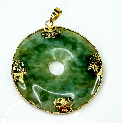 14K Gold Jade Large Bi Disc Butterfly Floral Large Pendant 1.5" JR2190