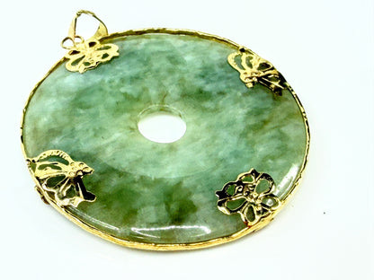 14K Gold Jade Large Bi Disc Butterfly Floral Large Pendant 1.5" JR2190