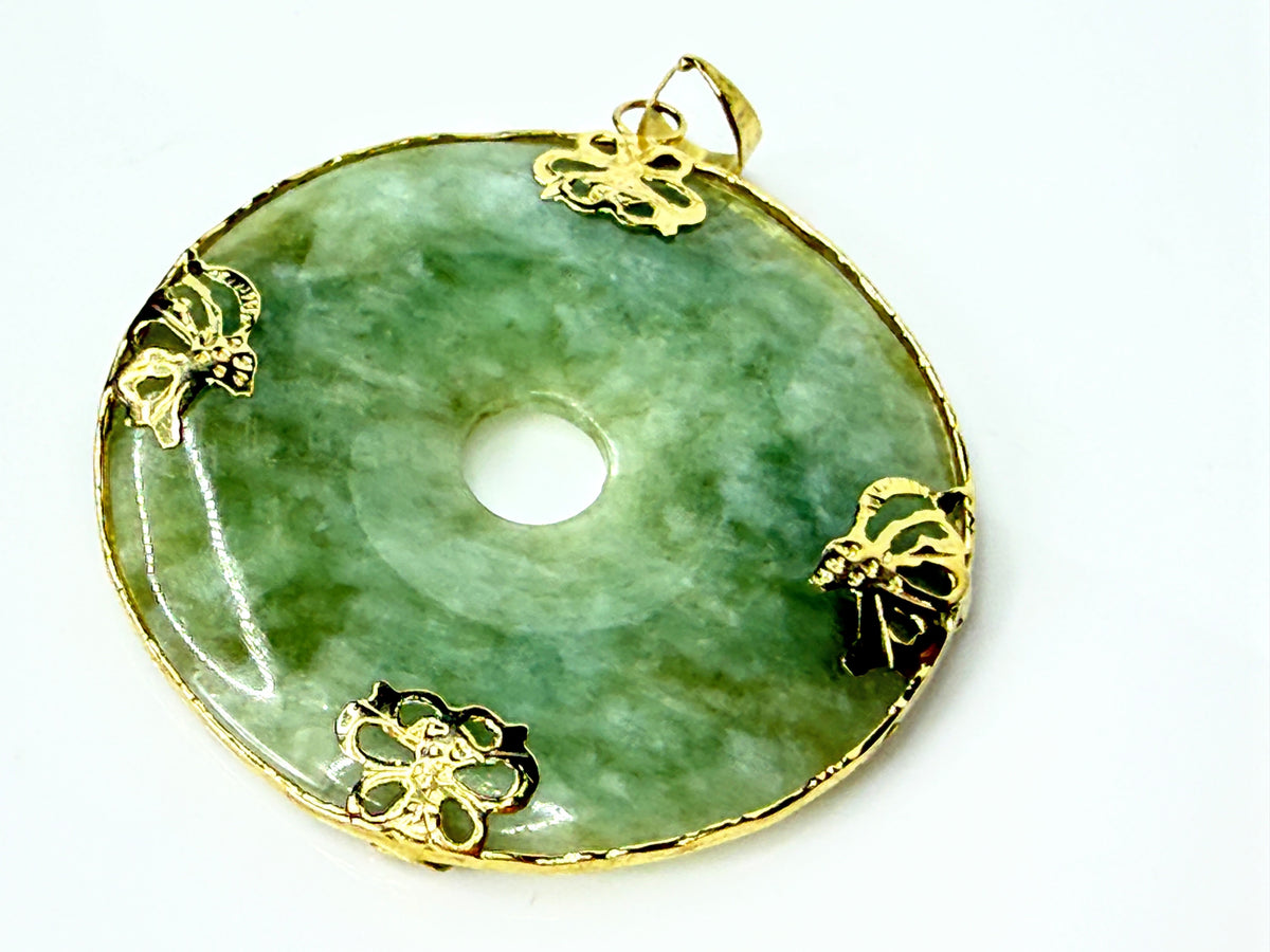 14K Gold Jade Large Bi Disc Butterfly Floral Large Pendant 1.5" JR2190