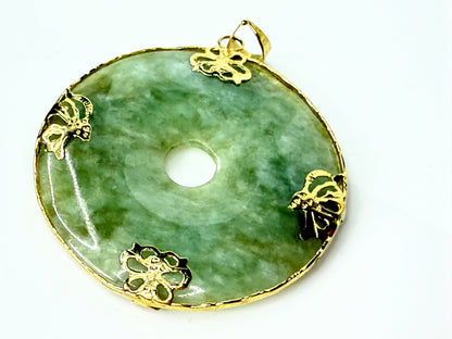 14K Gold Jade Large Bi Disc Butterfly Floral Large Pendant 1.5" JR2190