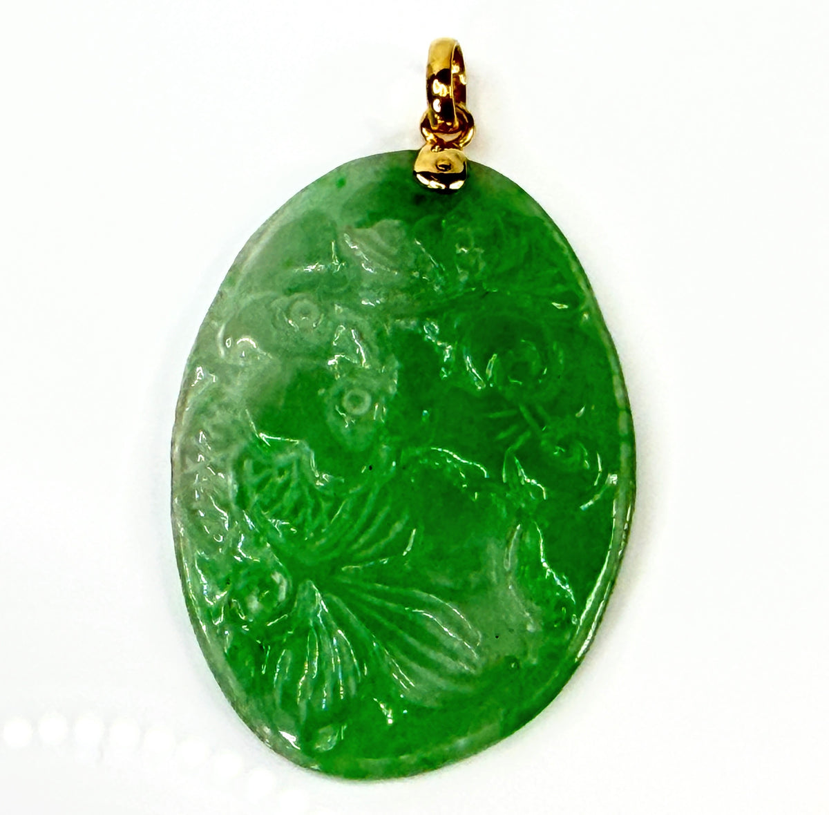 Vintage Carved Green Jadeite Butterfly Floral 14K Gold Pendant 15.8g 60mm JR2191