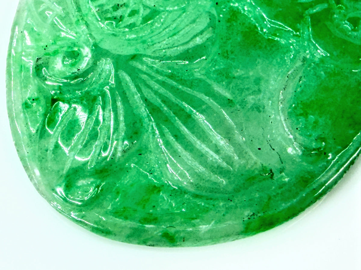 Vintage Carved Green Jadeite Butterfly Floral 14K Gold Pendant 15.8g 60mm JR2191