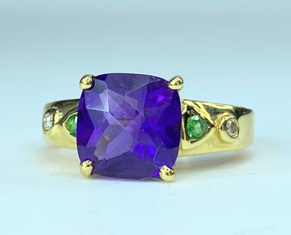 Faceted Cushion cut Amethyst Peridot Diamond 18K scroll etched ring JR9067