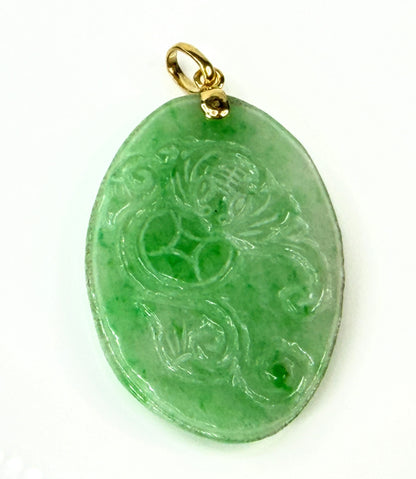 Vintage Carved Green Jadeite Butterfly Floral 14K Gold Pendant 15.8g 60mm JR2191