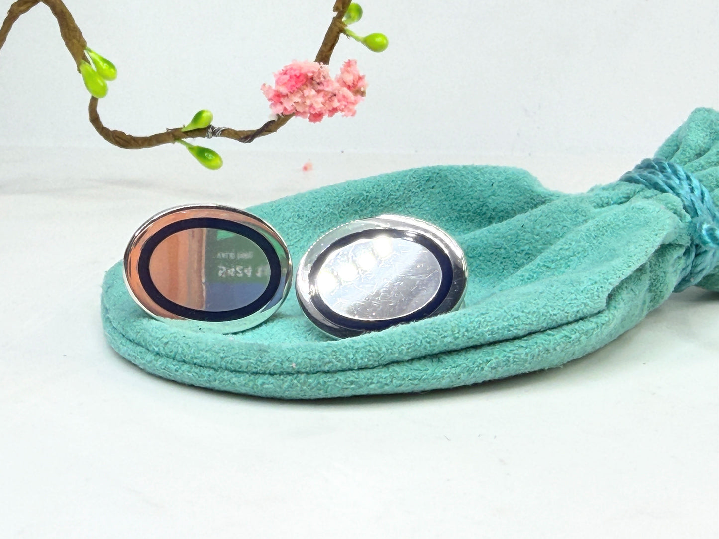 Vintage Tiffany & Co 925 Blue Enamel Oval Cufflinks SS228