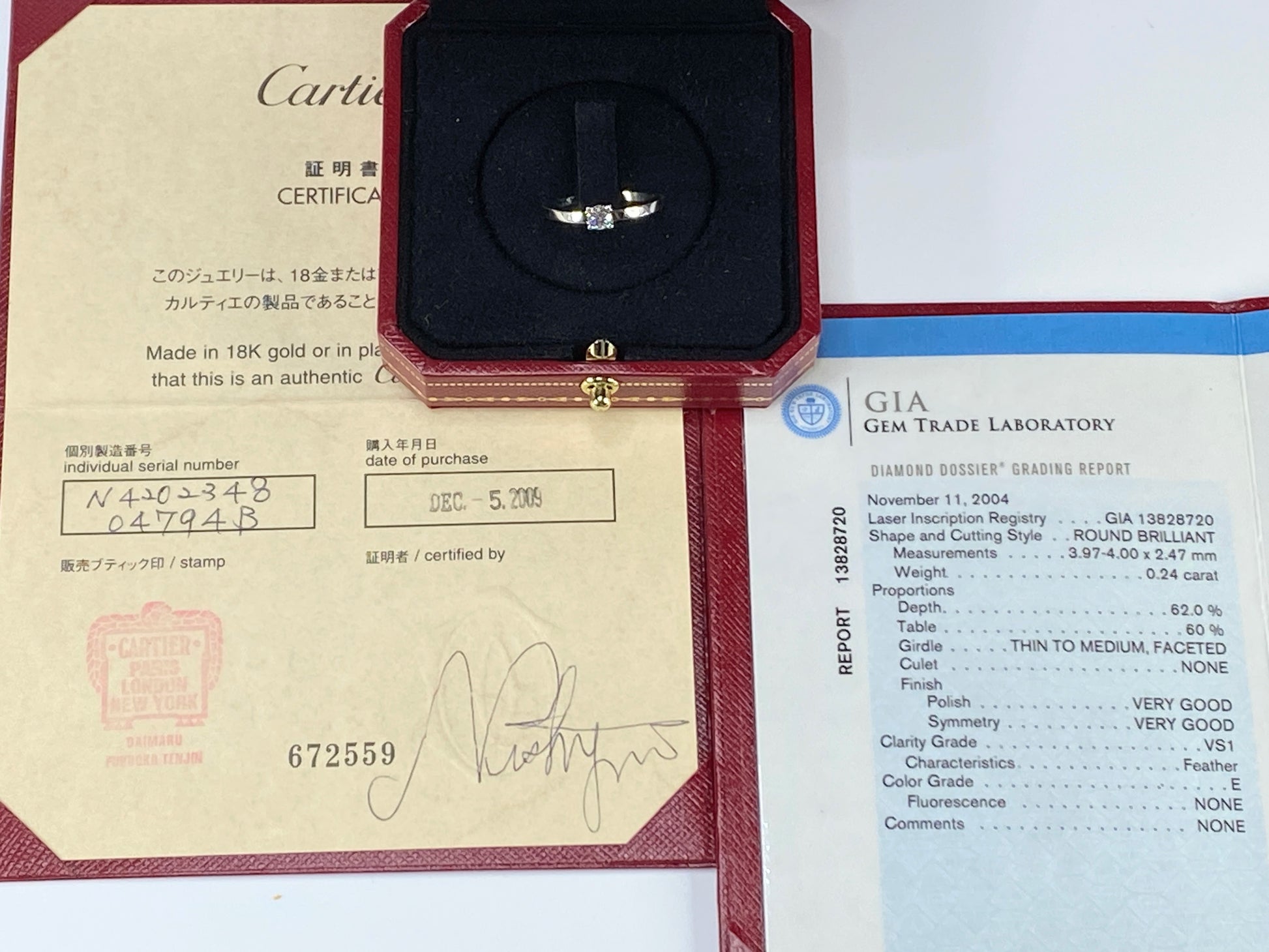 GIA Cartier 1895 Diamond Solitaire Ring in 950 Platinum E VVS1 0.24 CTW