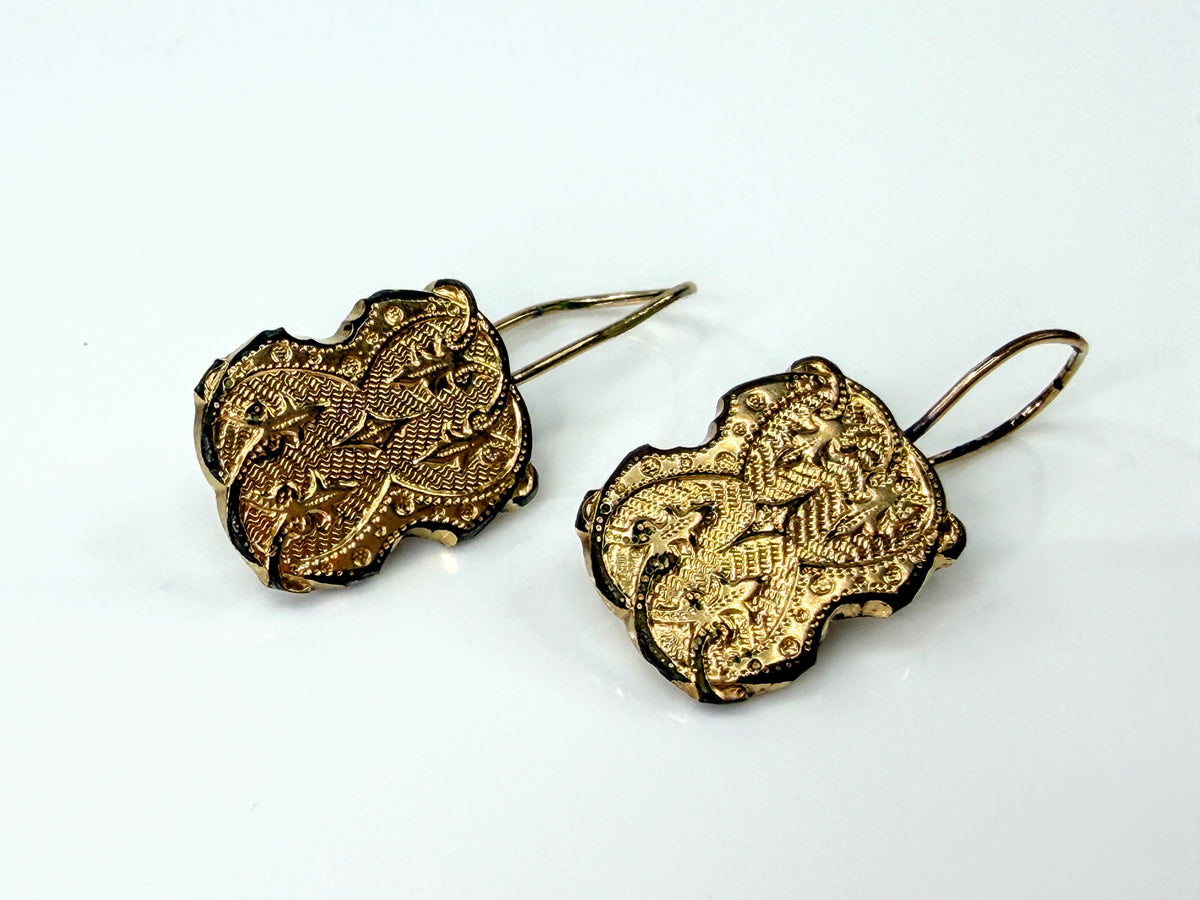 Antique Victorian Gold Filled Etruscan Revival Bird Drop Earrings  1 1/4" JR2195