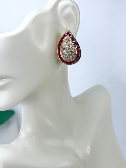 Vintage 18 karat gold Ruby Diamond Teardrop Omega Clip Earrings 14.5g JR2196
