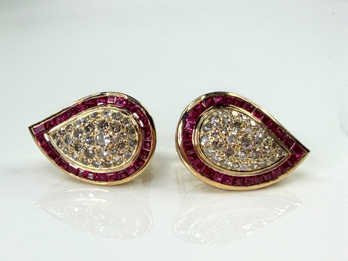 Vintage 18 karat gold Ruby Diamond Teardrop Omega Clip Earrings 14.5g JR2196