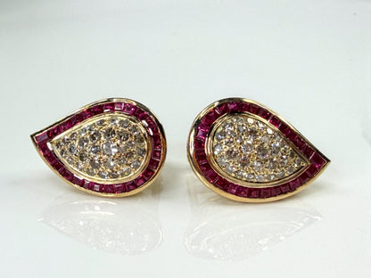 Vintage 18 karat gold Ruby Diamond Teardrop Omega Clip Earrings 14.5g JR2196