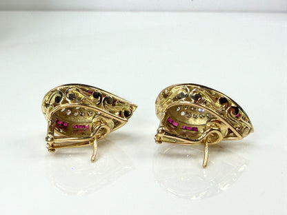 Vintage 18 karat gold Ruby Diamond Teardrop Omega Clip Earrings 14.5g JR2196