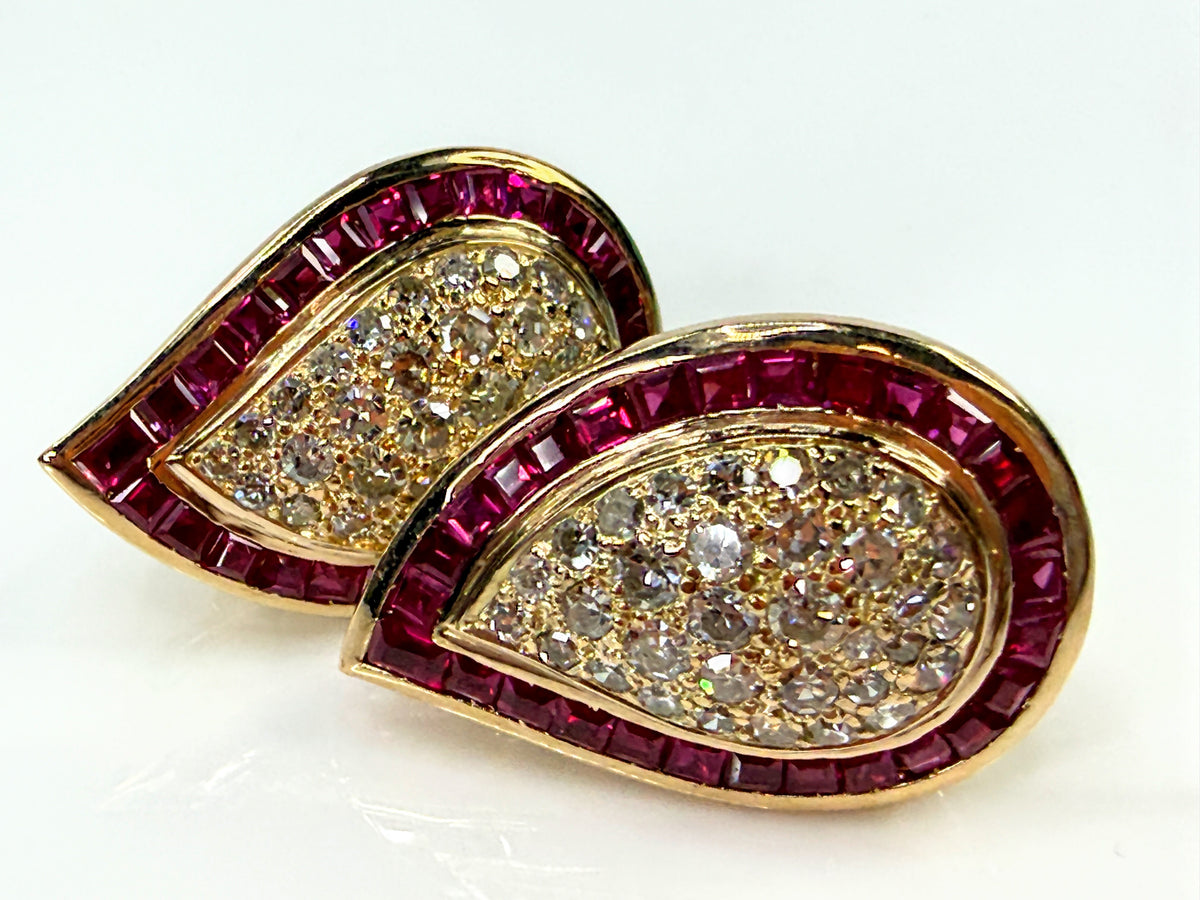 Vintage 18 karat gold Ruby Diamond Teardrop Omega Clip Earrings 14.5g JR2196