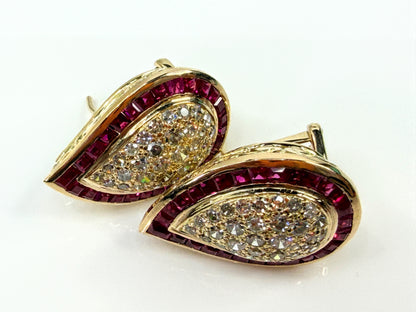 Vintage 18 karat gold Ruby Diamond Teardrop Omega Clip Earrings 14.5g JR2196