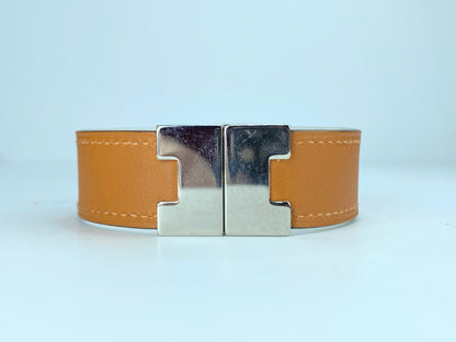 HERMES orange leather Bracelet Silver both-sides Hardware 23.9g 6.5" GS234