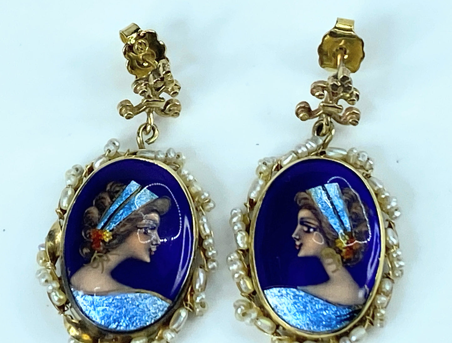 French Fleur Dis Le 14K Blue Enameled Lady Portrait Porcelain seed pearl JR9704