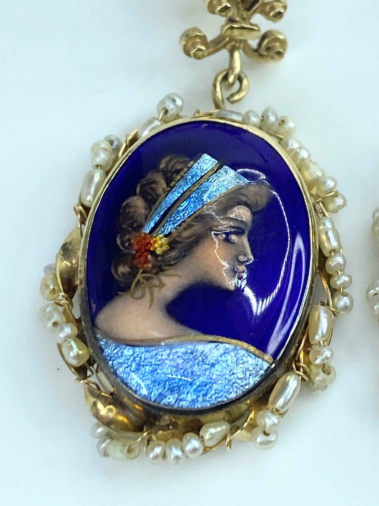 French Fleur Dis Le 14K Blue Enameled Lady Portrait Porcelain seed pearl JR9704