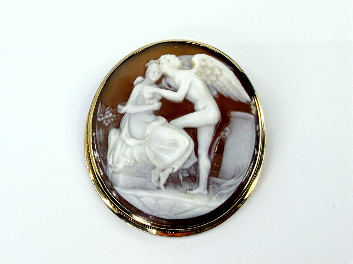Vintage Mid-Century 14K Shell Cameo Mythological Brooch 10.6g 2.0"x 1 3/4"JR2201