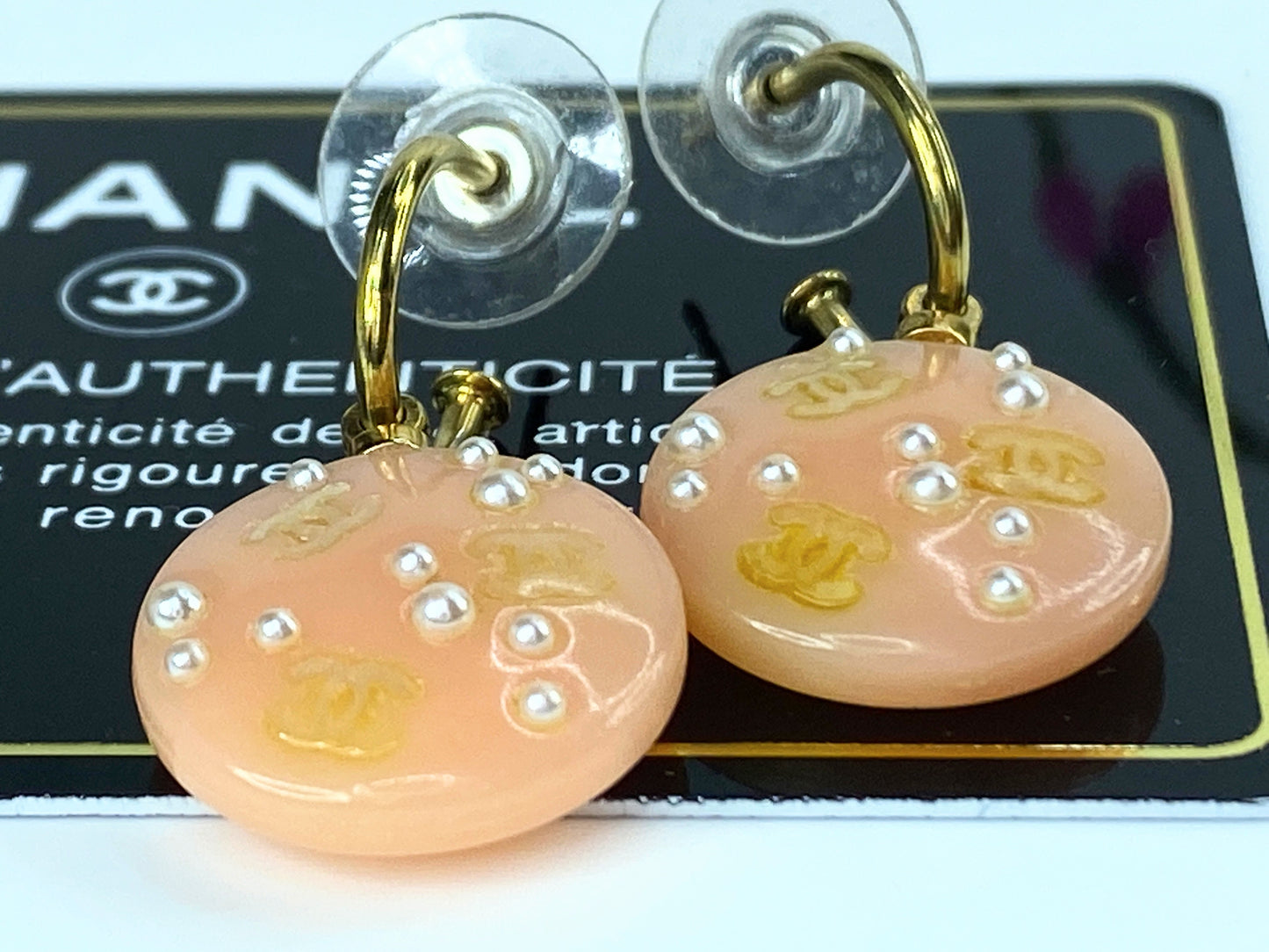 Chanel 03P Pink Pearl CC Pierce Drop Earrings 1014c14 Authentic JR9705