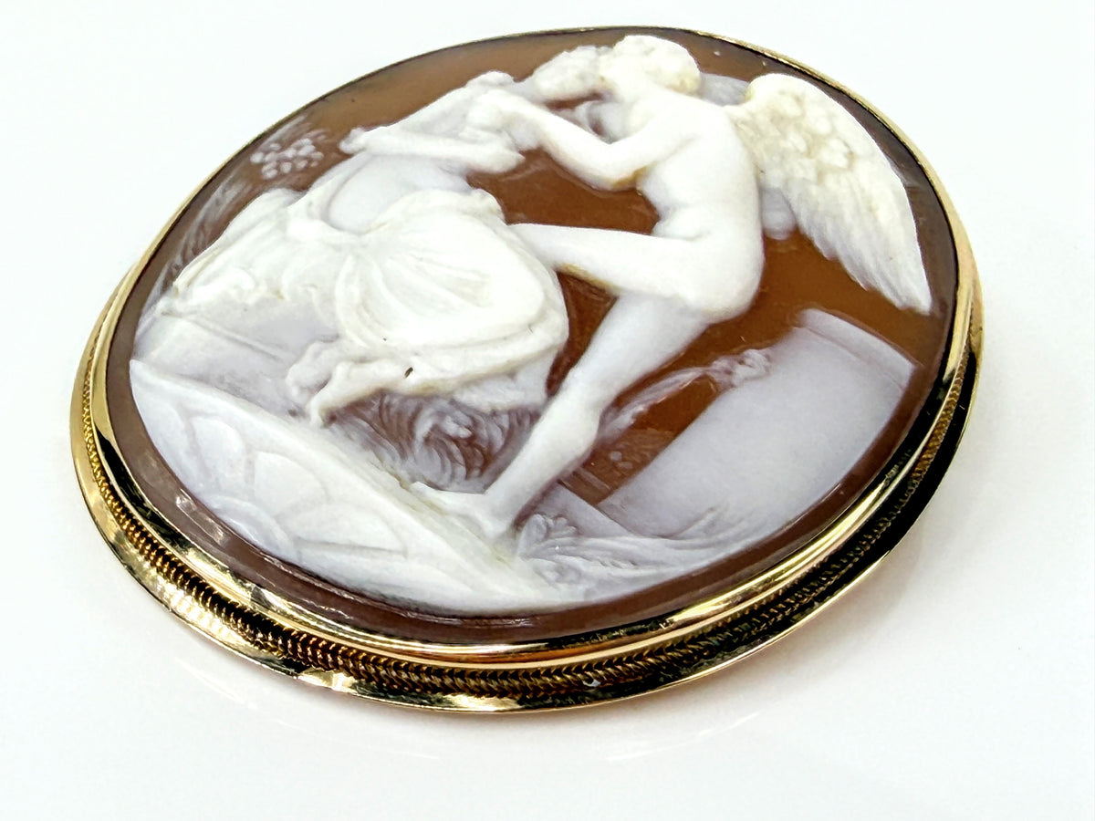 Vintage Mid-Century 14K Shell Cameo Mythological Brooch 10.6g 2.0"x 1 3/4"JR2201