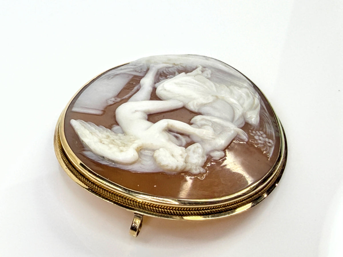Vintage Mid-Century 14K Shell Cameo Mythological Brooch 10.6g 2.0"x 1 3/4"JR2201