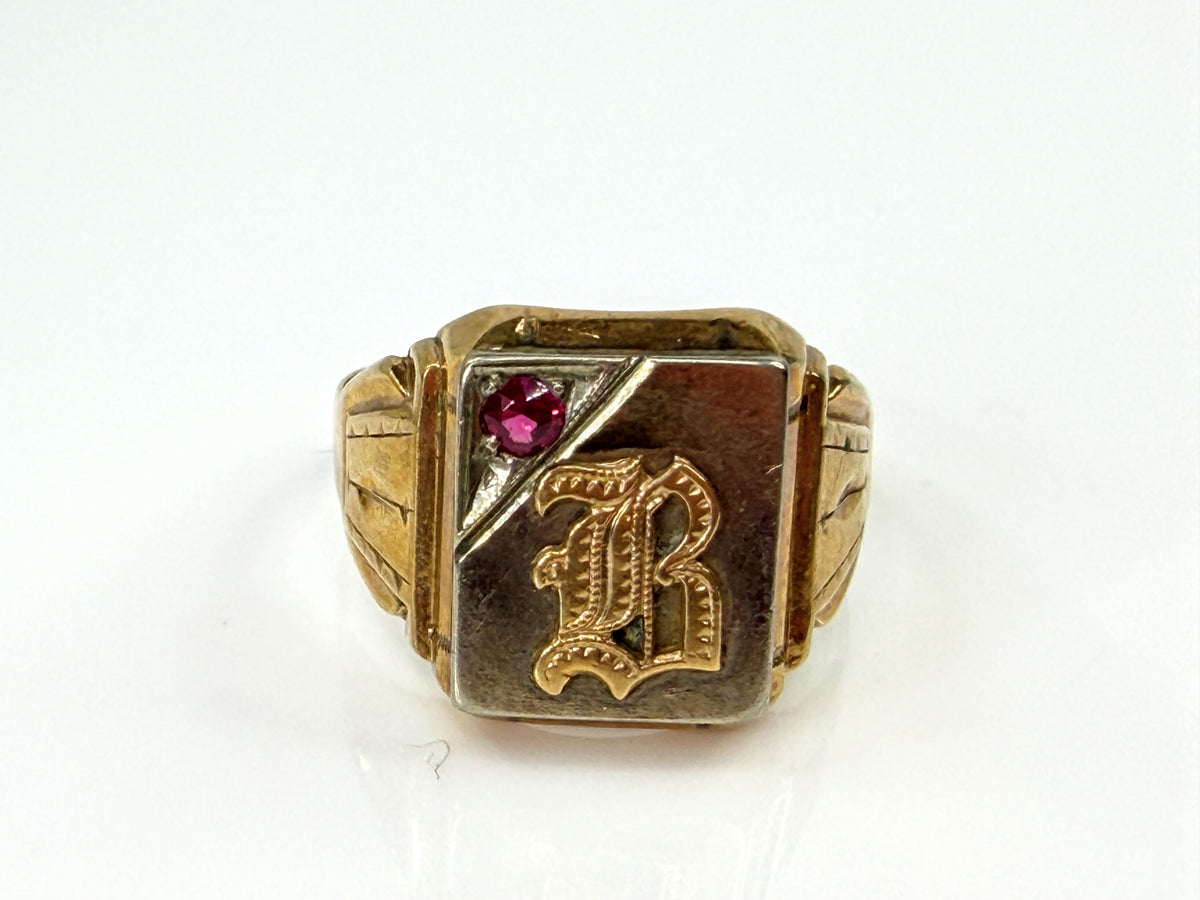 Antique 10K Two Tone Gold Ruby Initial B Signet Ring Size 11 3.5g 3.5g JR2203