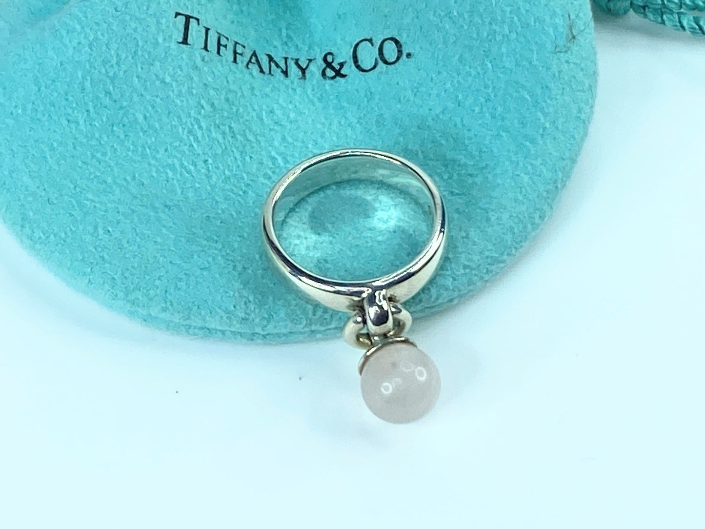 Tiffany & Co. Sterling 1995 dange Rose Quartz bead ring band s7 5.8g JR9751