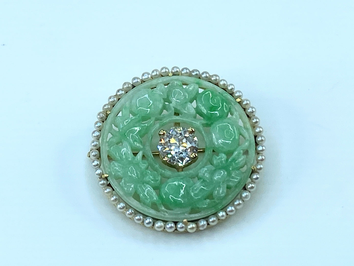 Appraised $6,995 14K 1.0ct G/Si Old Euro Cut diamond Jadeite cabochon Pearl brooch