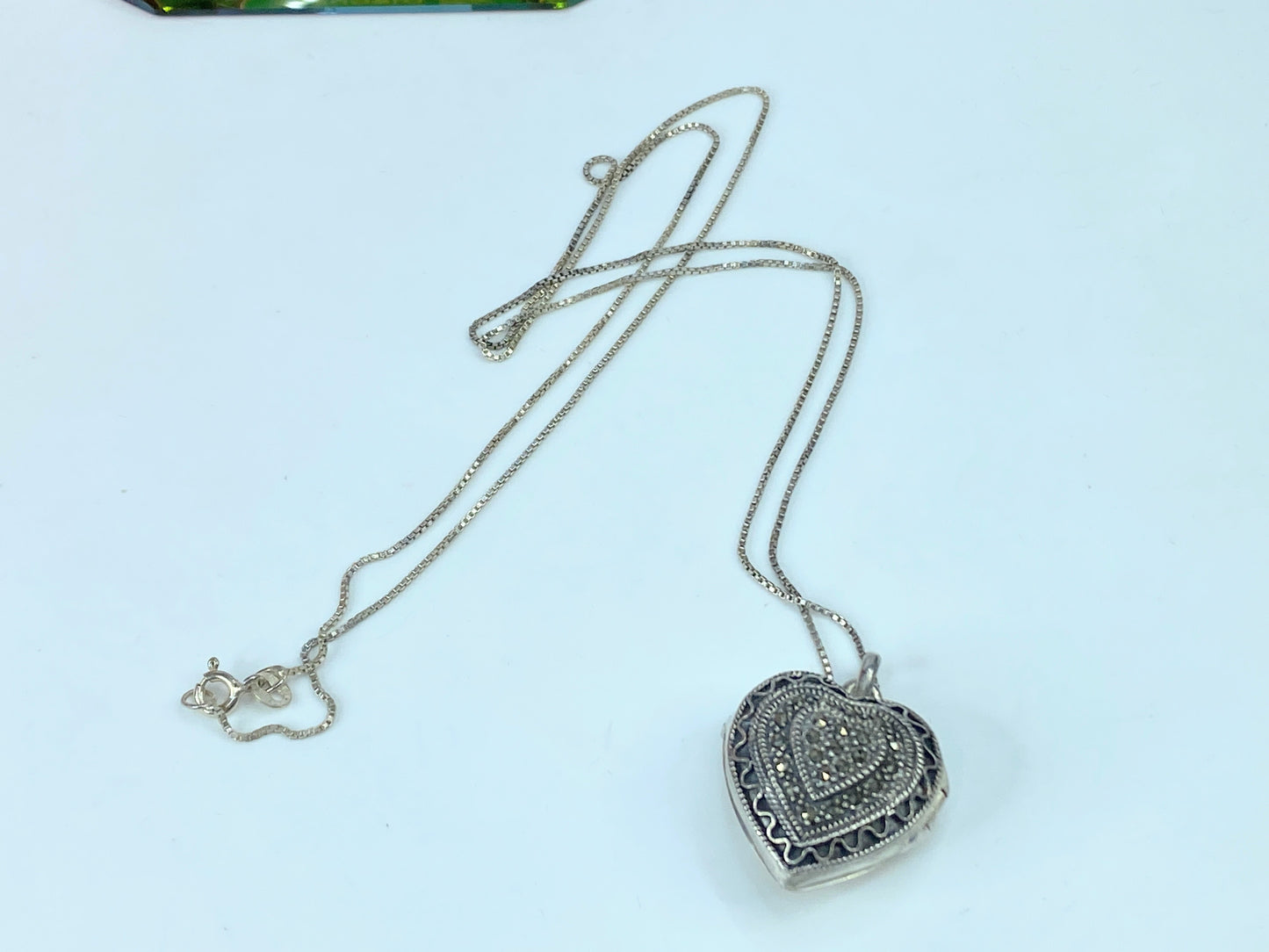 Sterling Silver 1" Heart Locket Marcasite Necklace 925 13.2g 24" x 1mm JR865