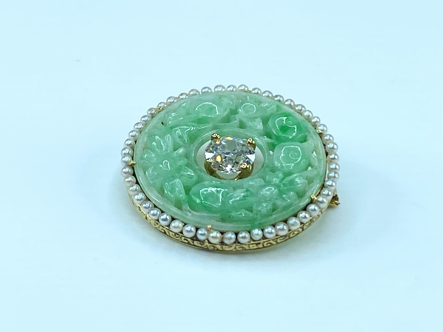 Appraised $6,995 14K 1.0ct G/Si Old Euro Cut diamond Jadeite cabochon Pearl brooch