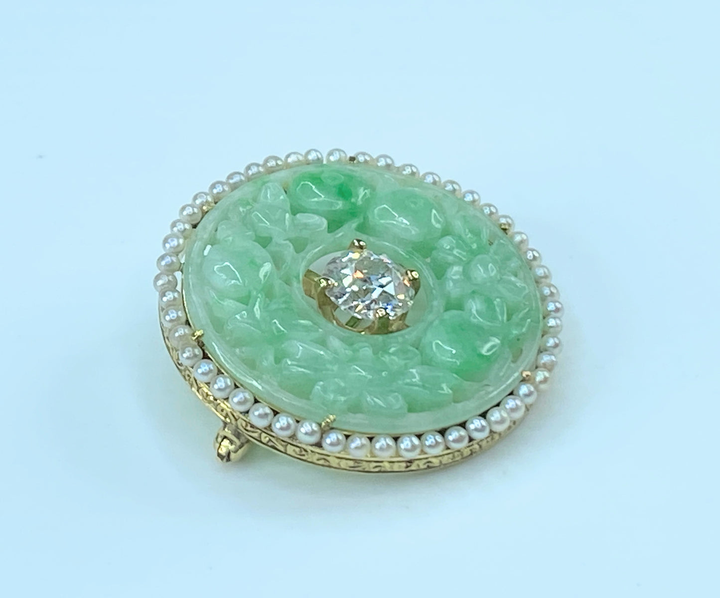 Appraised $6,995 14K 1.0ct G/Si Old Euro Cut diamond Jadeite cabochon Pearl brooch