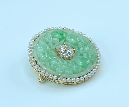 Appraised $6,995 14K 1.0ct G/Si Old Euro Cut diamond Jadeite cabochon Pearl brooch